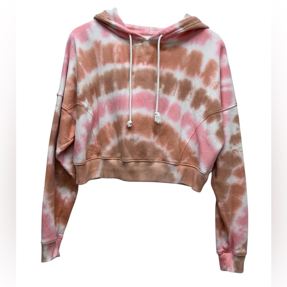 Aeropostale Women’s Tie-Dye Cropped Hoodie Sweatshirt Top- Pink and Brown Sz L